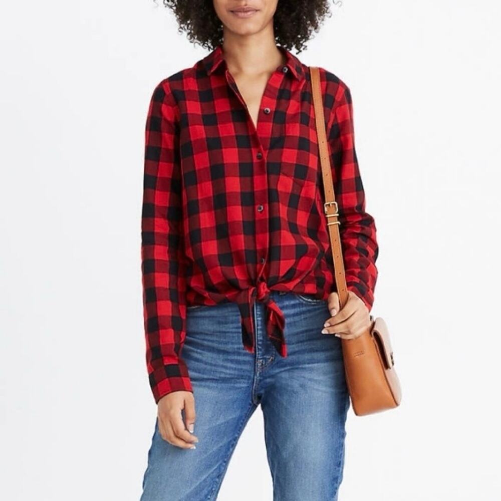 Madewell Buffalo Check Shirt in Red and Black, Ties at the Waist, Size XS